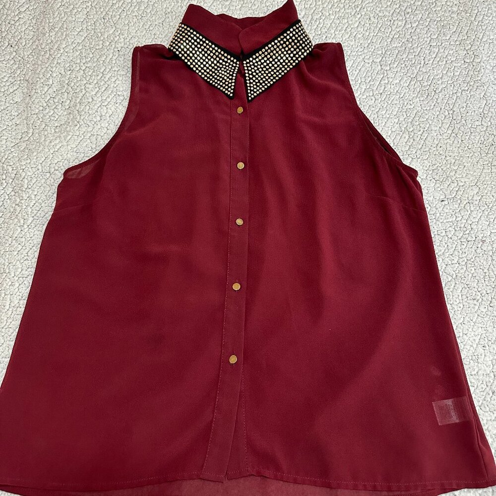 ALYTHEA Burgundy Button Down Collar Blouse, Size M